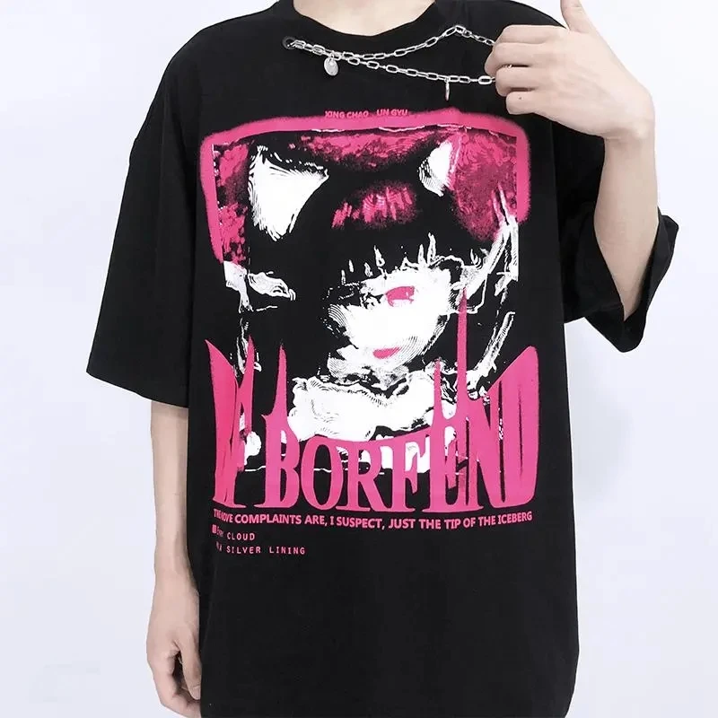 

Harajuku Anime tide brand hip hop tshirt summer high street Gothic Streetwear shirt men's short-sleeved belt necklace women Tops