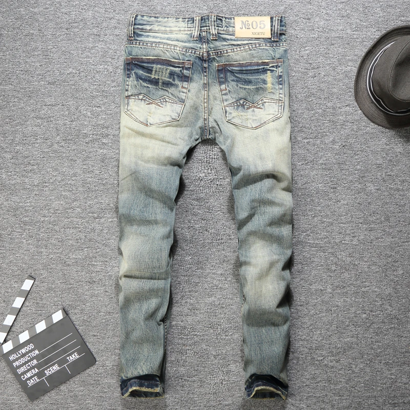 Italian Vintage Designer Men Jeans High Quality Slim Fit Ripped Jeans Men Retro Wash Cotton Denim 2