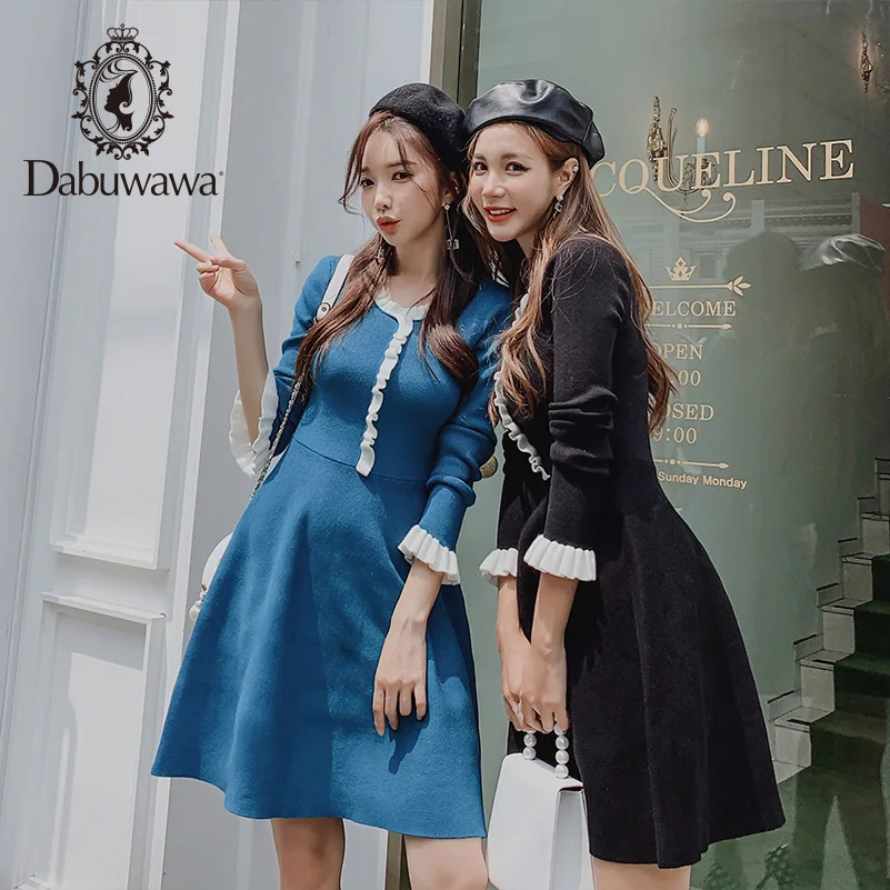 

Dabuwawa O-Neck Knitted Dress Women Flare Sleeve Patchwork Ruffled Midi Dress Elegant Slim Party Dress Vestidos DN1DDR019