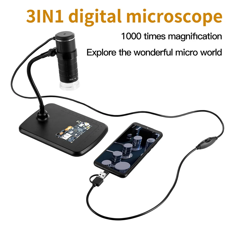 USB Digital Microscope Camera 3 in 1 8 LED Magnifier Adjustable Magnification with Stand 1000X digital microscope handheld microscope mini microscope pocket microscope