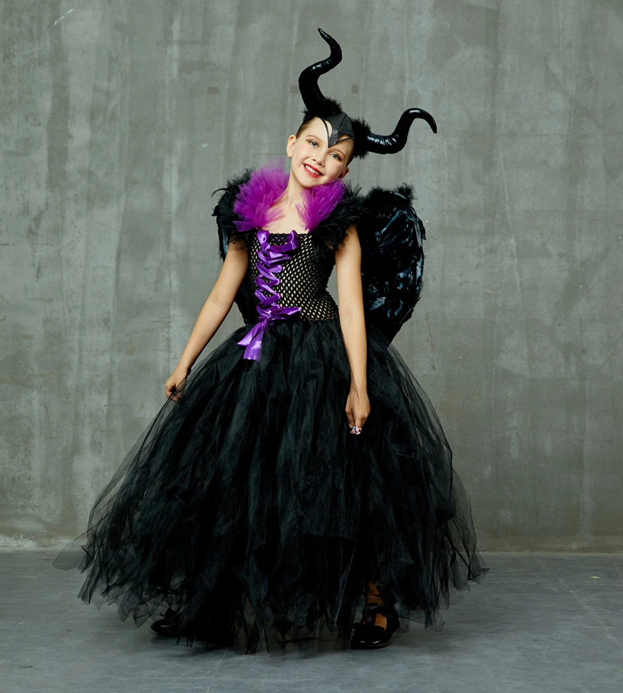 Kids Maleficent Evil Queen Girls Halloween Fancy Tutu Dress Costume Children Christening Dress Up Black Gown Villain Clothes (16)