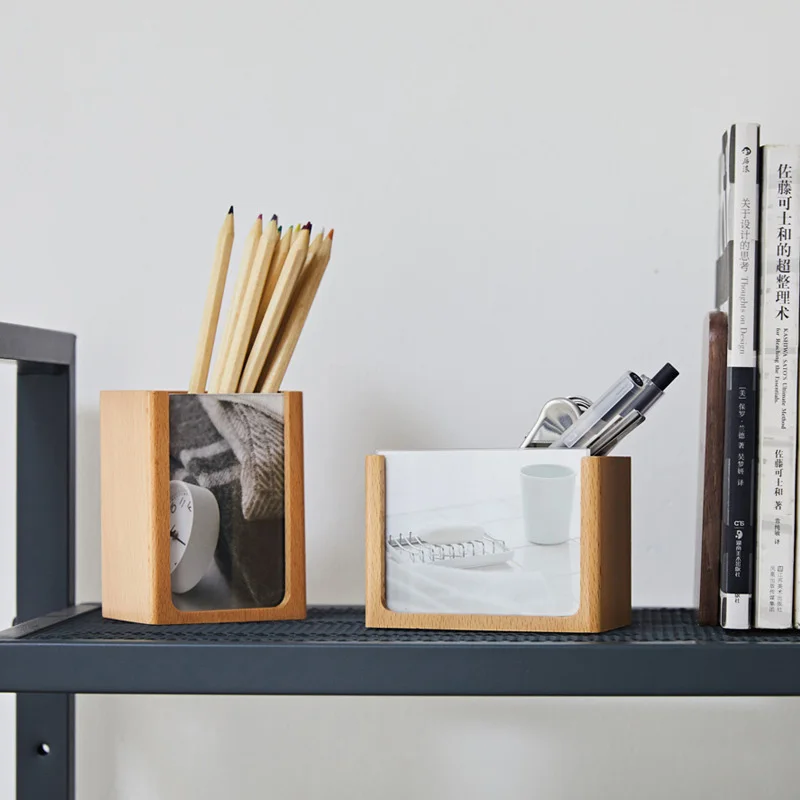Best Wooden Pen Holder with Photo Frame Desk Stationery Organizer Beech Handmade Pencil Holder SLC88
