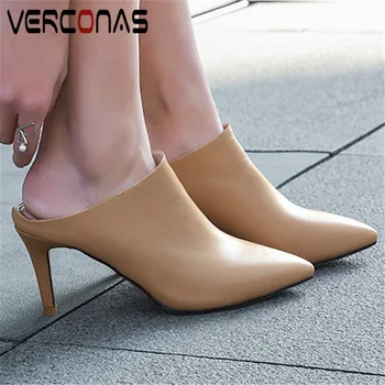

VERCONAS Woman Thin Heels Brand Design Mules Pointed Toe Comfortable Sandals Summer Soft Genuine Leather High Heeled Shoes Woman