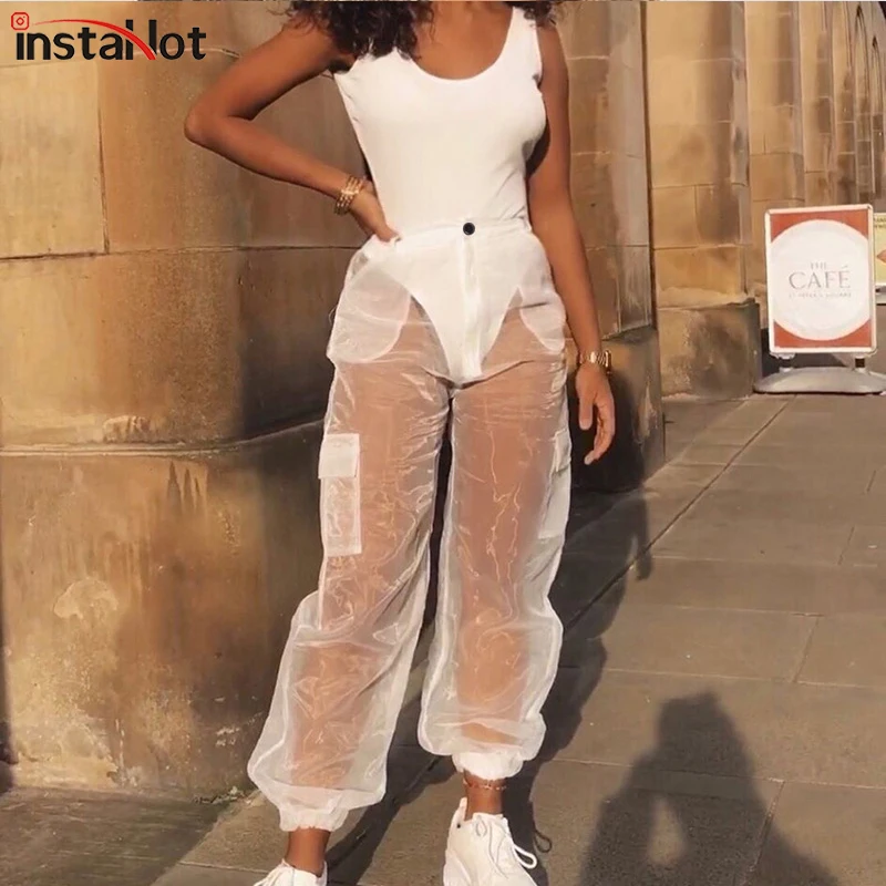 InstaHot/пикантные сетчатые брюки для женщин Прозрачные улицы Женские летние карго