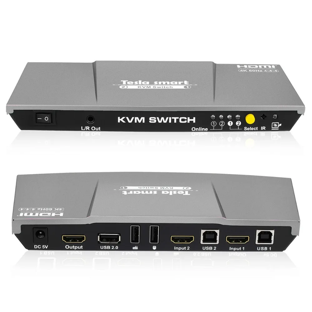 Тесла smart HDMI KVM переключатель 4 к x 2 K @ 60 Гц 4:4:4 Ultra HD 2x1 HDMI коммутатор KVM 1080 P 3D с ИК дистанционное управление до 2 компьютеров