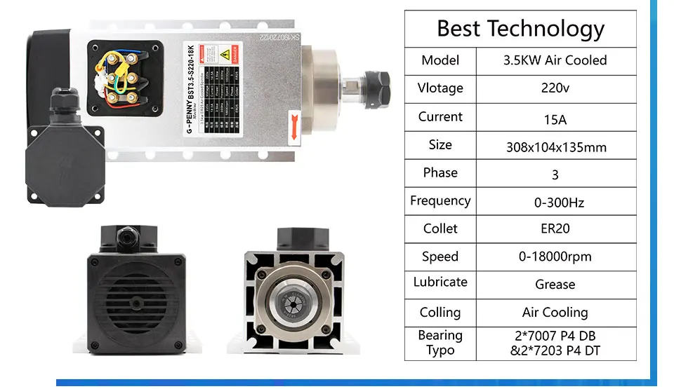 Новое поступление! 3.5kw ER20 двигатель шпинделя с воздушным охлаждением 4 шт. подшипники 0,01 мм Точность 220 В/380 В деревообрабатывающий пневматический шпиндель охлаждения