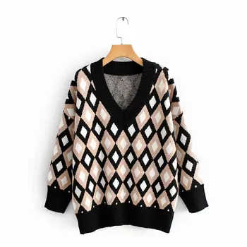 

2020 new fashion diamond plaid sweater loose women autumn and winter casual bottoming knit sweater v collar sweater