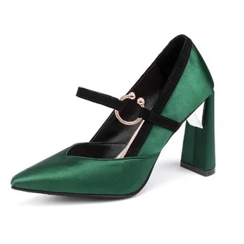 

Retro Pumps Shoes Women's Summer Sandals Silk Satin Metal 9cm High Heeled Pumps Party Pointed Toe Women Sandals Thick Heel