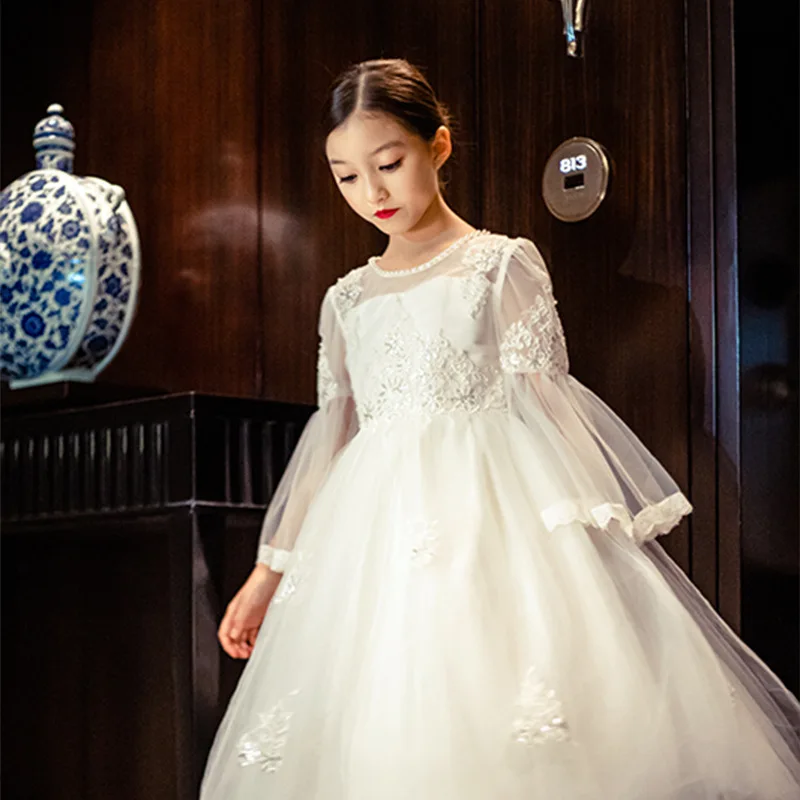 Оригинальная Брендовая детская одежда детские платья принцессы с рукавами для девочек, белое платье Детские платья для девочек, свадебные кружевные платья