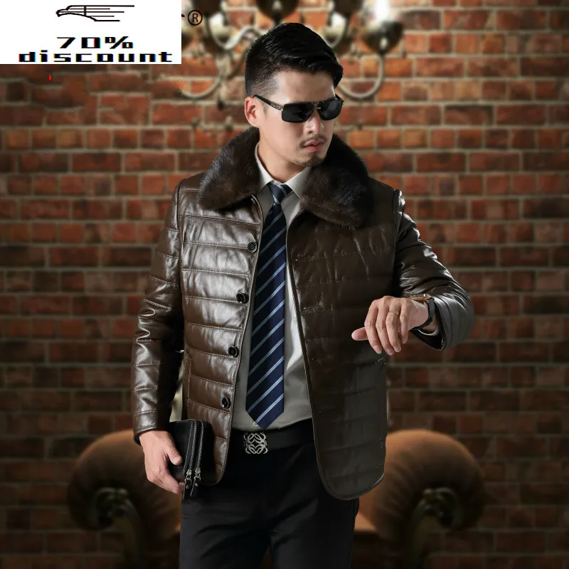 

AYUSNUE 2020 Real Leather Jacket Men Autumn Winter Sheepskin Down Coat Mink Fur Collar Genuine Leather Jackets T2 KJ3000