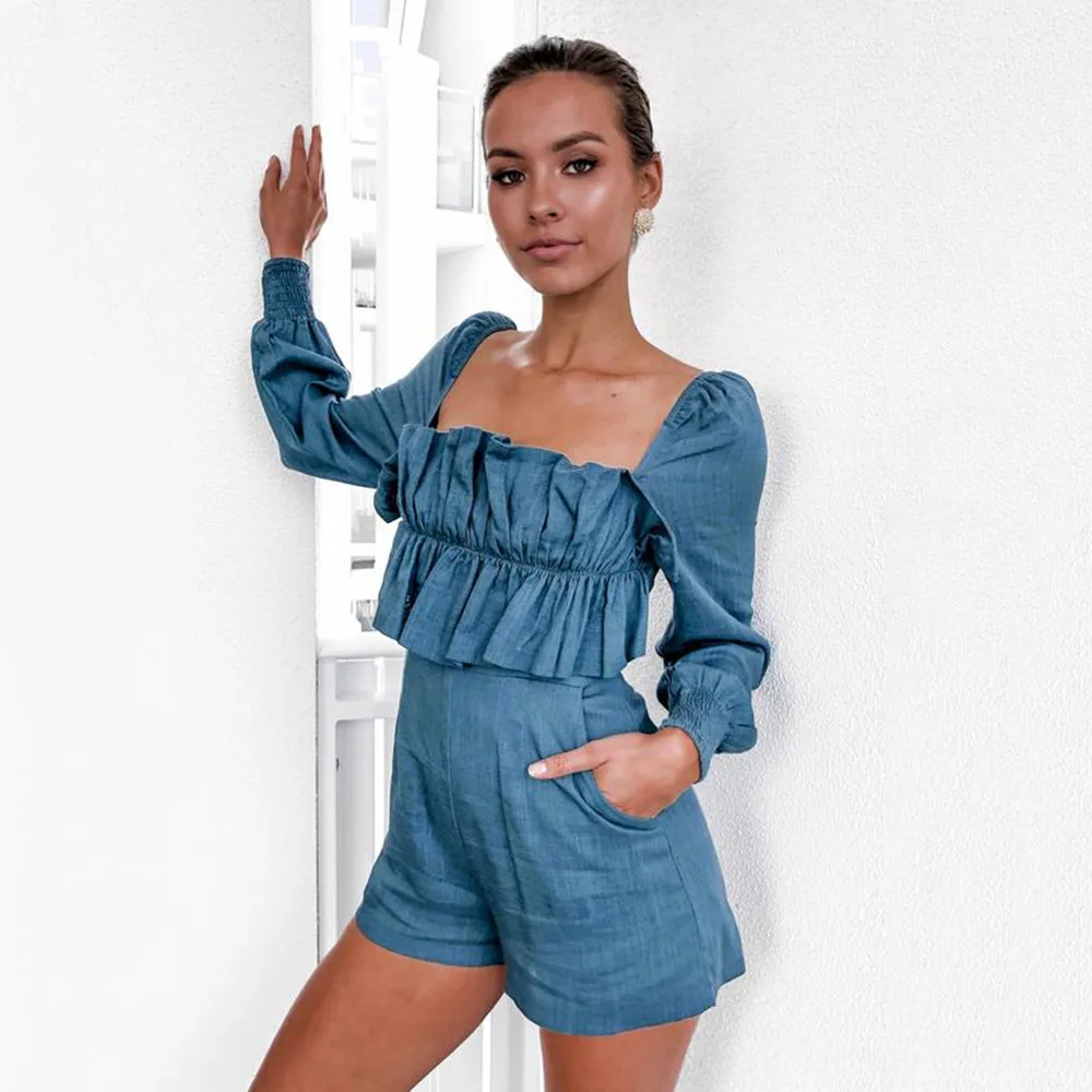 

Sexy Slash Neck Ruffles Vintage Retro Style Full Sleeve Solid Women's Laides Sheath Bodycon Jumpsuits Playsuits Bodysuits