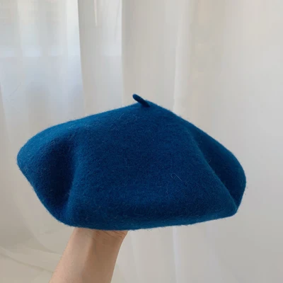 Luna&Dolphin Women 90%Wool Mushroom Rimi Blue Berets Autumn Winter Deep Eaves Knitting Artist Cap Painter Beanie Hat Sweet Color peacock blue