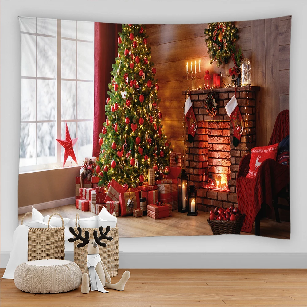 Xmas Bus Gifts Snowflakes Snowy Scenic Tapestry Wall Hanging Living Room Bedroom 