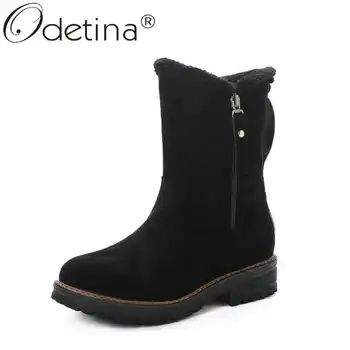 

Odetina Faux Suede Women Cuban Chunky Low Heel Zip Up Thick Fur Casual Snow Boots Winter Platform Mid Calf Boots Keep Warm Lady