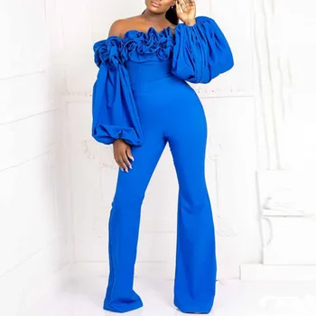 

Women Off Shoulder Jumpsuit Ruffle Sexy Club Party Blackless Long Lantern Sleeve Elastic High Waist Fall Overall Femme Plus Size