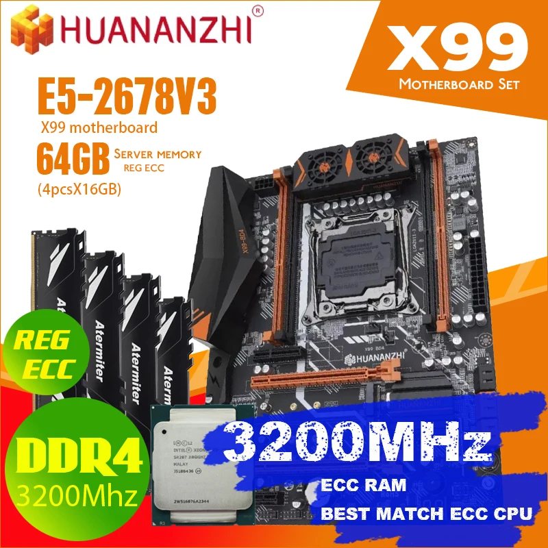 Комплект материнской платы HUANANZHI X99 BD4 DDR4 с процессором Xeon E5 2678 V3 LGA2011 3 4*16 ГБ = 64 Гб PC4