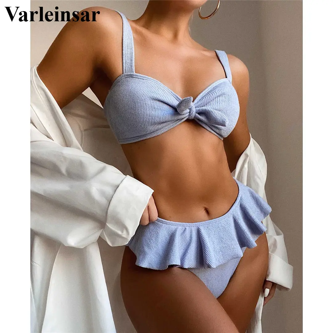 Female Swimsuit Bikini-Set Two-Pieces Ruffled Women V2764 Mid-Waist-Bather Lady New
