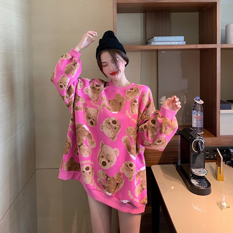 Harajuku модная женская толстовка, теплый жаккардовый свитер с рисунком медведя из мультфильма, высокое качество, большой размер, зимний женский Повседневный пуловер