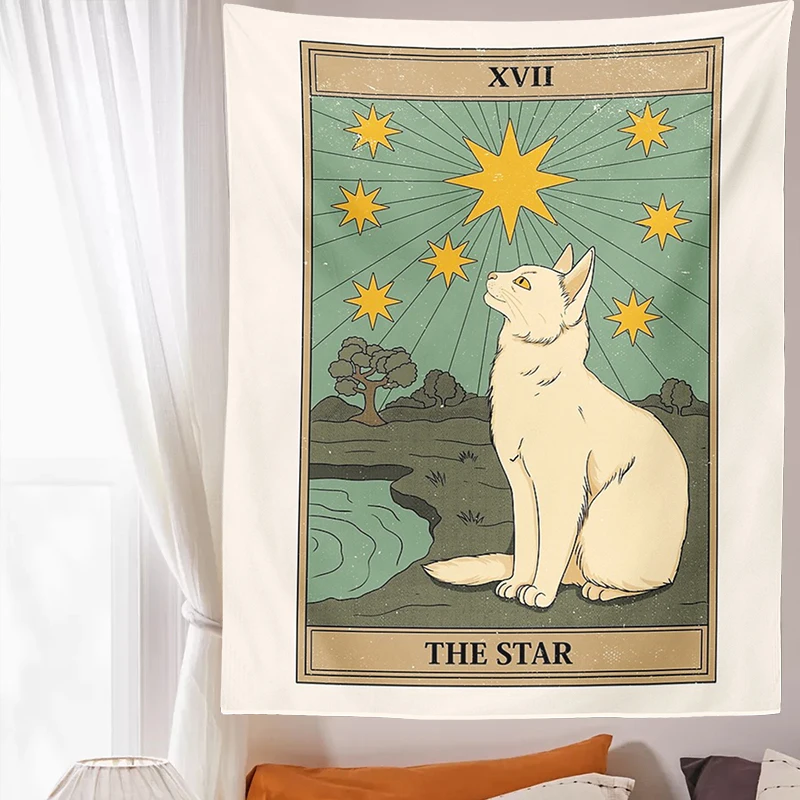 Cat Divination Witchcraft Tarot Card Tapestry Wall Hanging Tapestries Baphomet Occult Home Wall Moon phase Mat Decor Cat Coven Tapestry Decorations