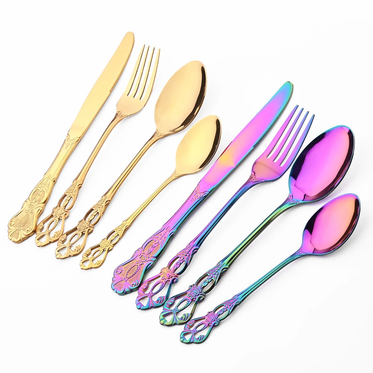 Description Picture 2 of item6/30Pcs Royal Colorful Dinnerware Set Knife Dessert Fork Spoon Cutlery Set Stainless Steel Silverware Kitchen Tableware Flatware