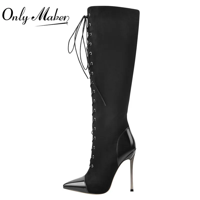 

Onlymaker Women's Side Zip Pointed Toe 12CM Metal High Heel Sexy Black Over The Knee Lace-Up Flock Stiletto High boots
