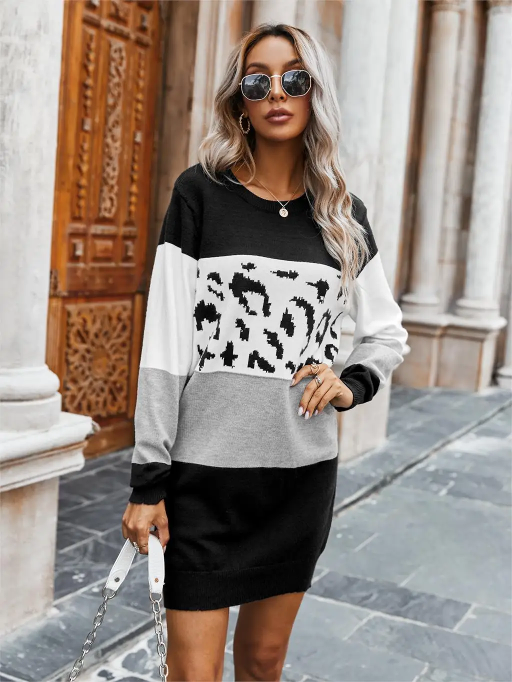 Chifirena Vintage Leopard Patchwork Sweater Dress Women O Neck Long Sleeve Winter Casual Robe Female Elegant Minie Vestidos