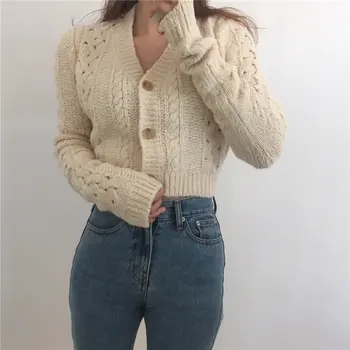

HziriP Vintage All-Match V-Neck Sexy Cardigans Twisted Hollow Out Fashion Slim Loose Knitted Women Casual Tops Short Sweaters