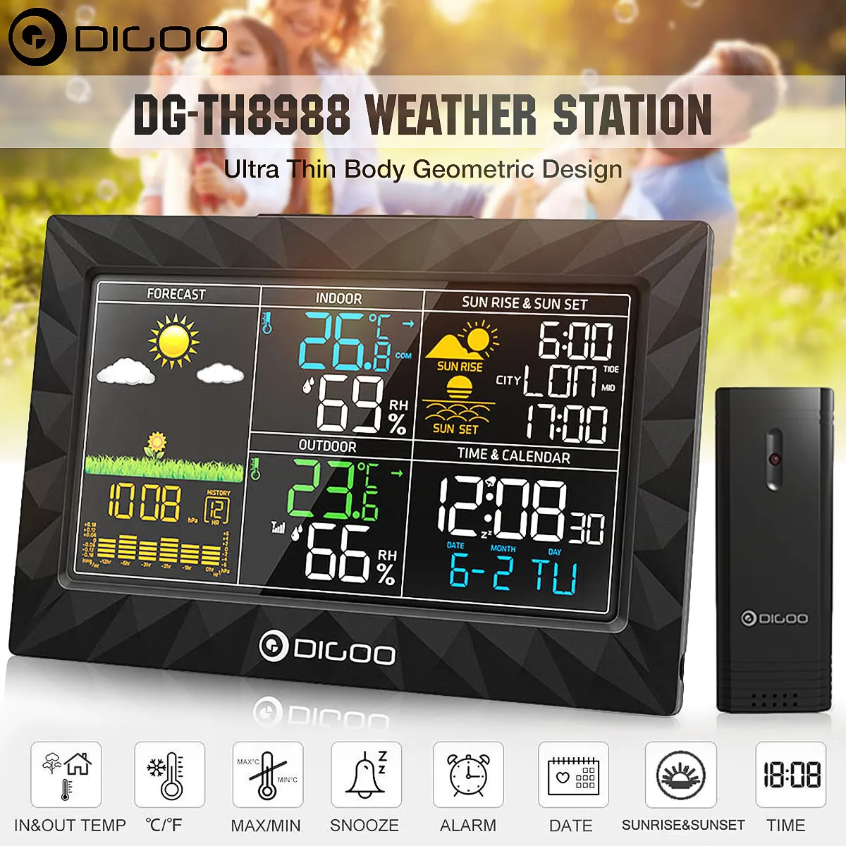 DIGOO DG-TH8988 LCD Indoor Outdoor Weather Station Thermometer Humidity Barometer Snooze Alarm Clock Sunrise Sunset Calendar | Инструменты