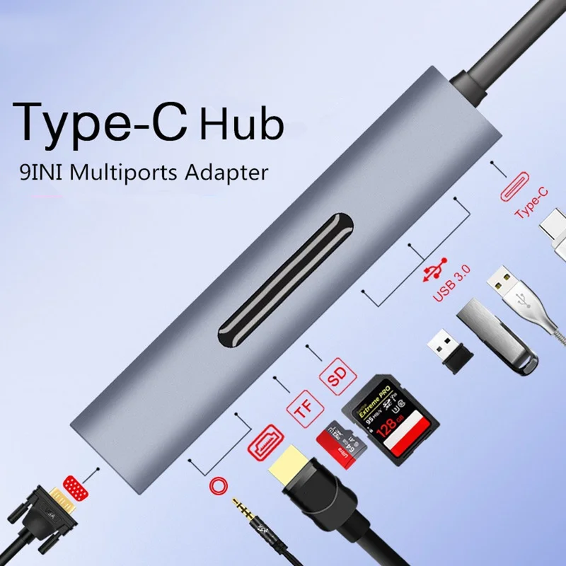 9 в 1 Thunderbolt 3 usb type-c к HDMI 4K VGA USB3.0x3 концентратор TF SD слот USB-C PD аудио портативный адаптер для Macbook Pro
