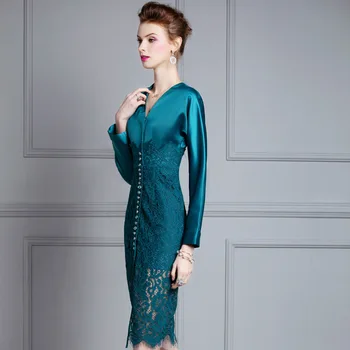 

Women dress Slim Summer dress Lace Patchwork Long sleeve High waist V-Neck Straight dress Women FM239