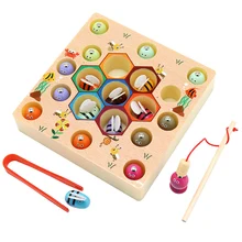 Jouet de pêche magnétique en bois deux en un pour enfant, Puzzle éducatif, attrape ver, cadeau idéal