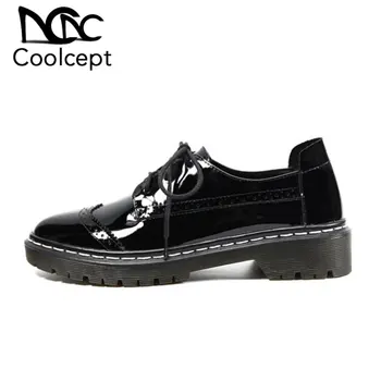 

CoolCept Women Pumps Shoes Real Leather Carved British Style Shoes Women Round Toe Fashion Cross Strap Daily Footwear Size 33-40