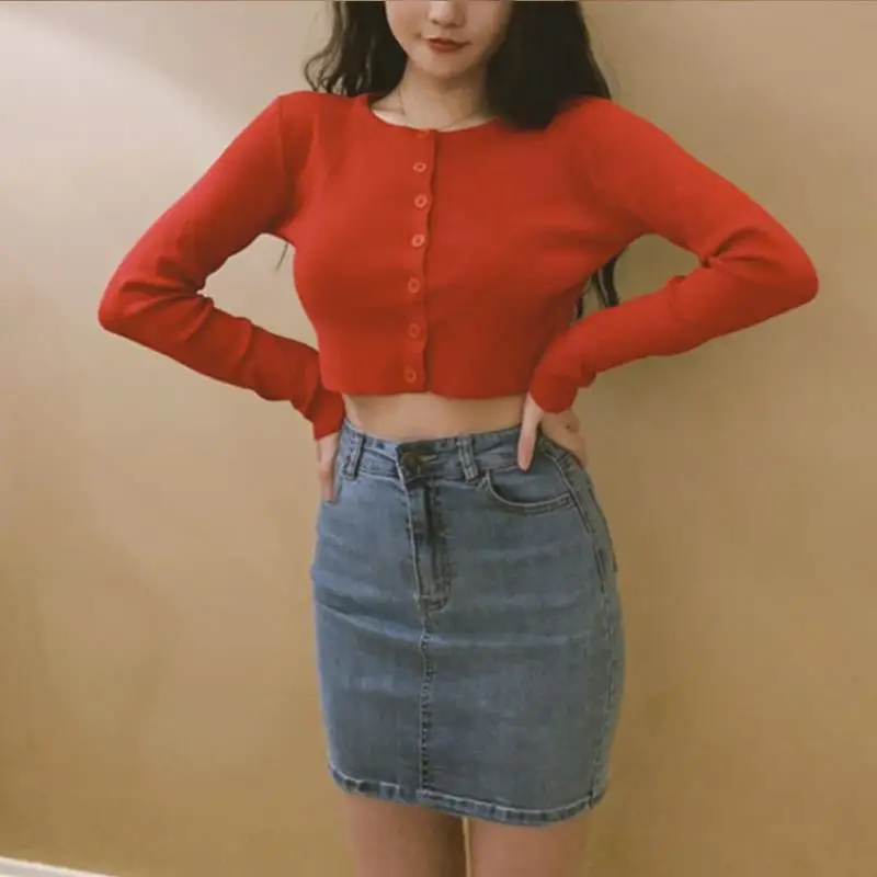 Jackets Coats Fall 2021 Knitted Cardigan Button Up Korean Cute Sweaters Cropped Women Crop Coat Knitting Top Streetwear | Женская одежда