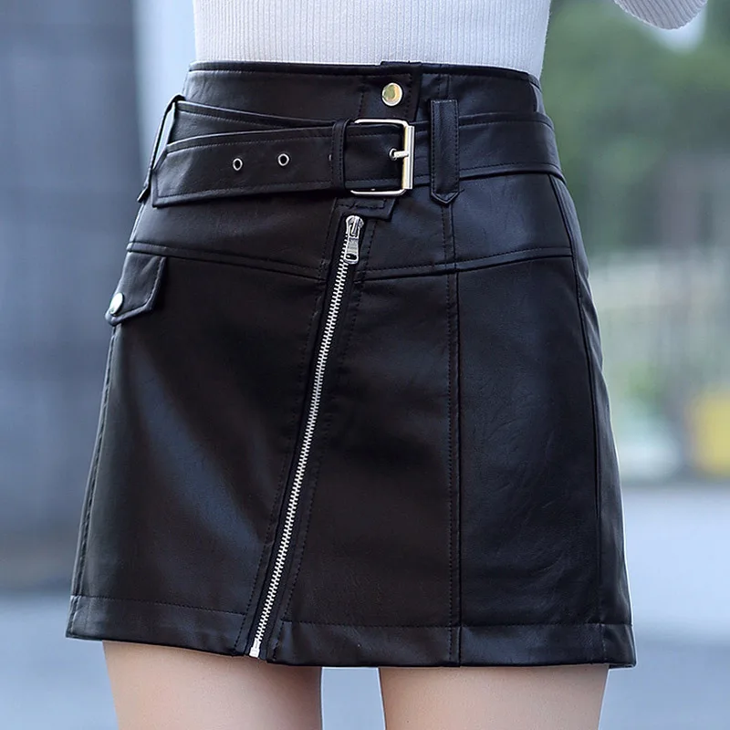 

PU Leather Mini Skirt 2019 Spring Autumn Women's Skirts Womens Black High Waist Slim Belt Female Zipper New Ladies Clothing