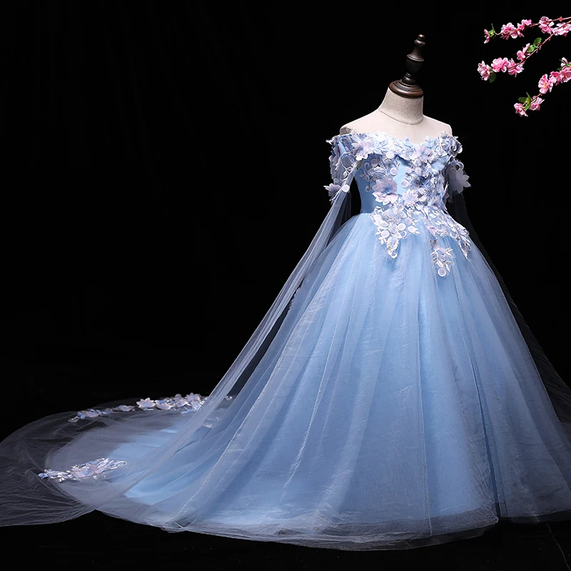 

Light Blue Flower Girls Dresses High Quality Long Train Flower Girls Dresses Applique with Hand Made Flowers