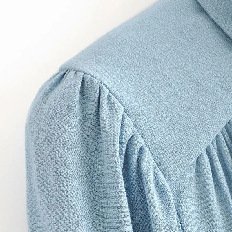 Women Elegant Casual Solid Blouses Long Sleeve Stylish Pleated Blue Blouse Ladies Office Turn Down Collar Shirt Tops