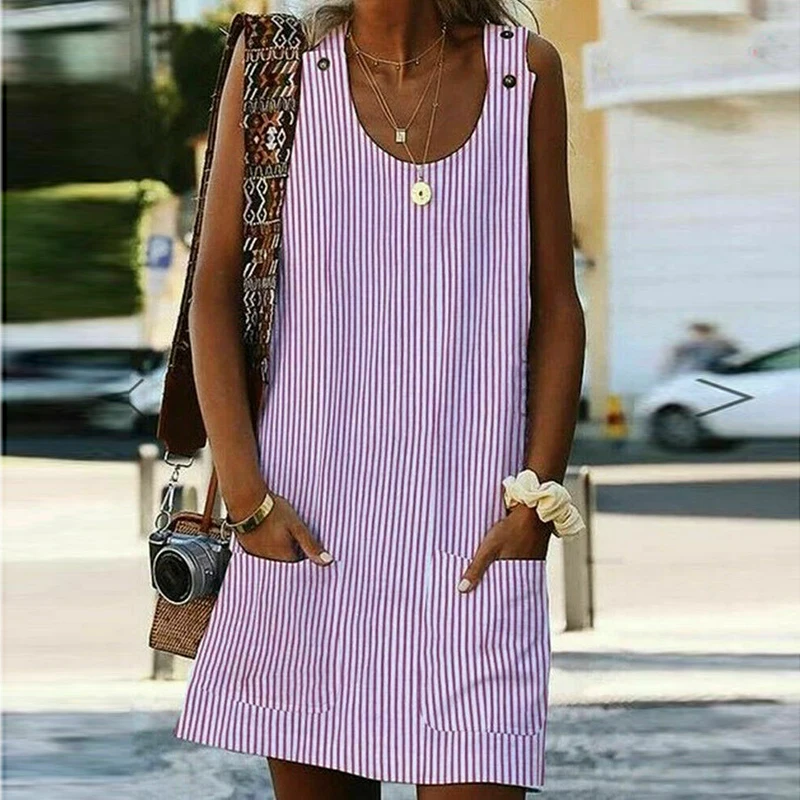 

Hot Sale Womens Crew Neck Dress Female Striped Sleeveless Pocket Mini Dress Summer Ladies 4 Color Holiday Beach Dress Plus Size