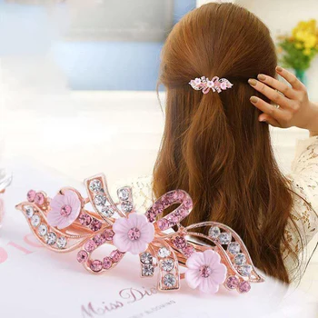 

Korean Pearl Rhinestone Bowknot Flower Top Clip Spring Clip Small Hairpin Hair Accessories Headdress Horsetail Clip Lady Gifts