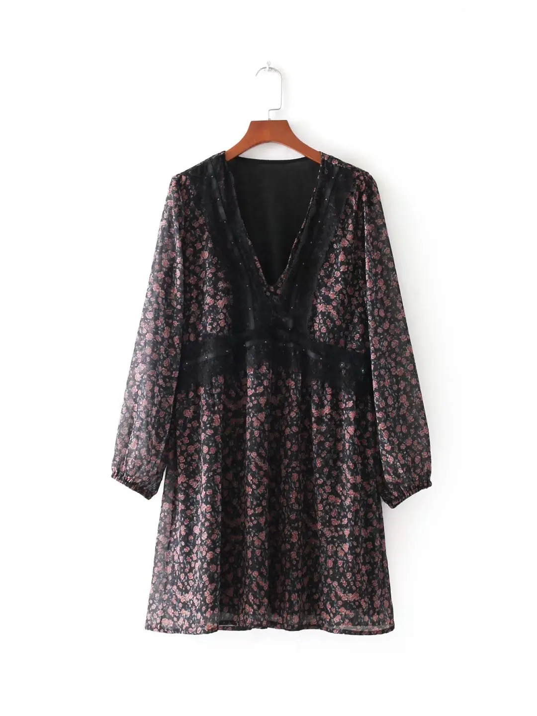 

2018 Spring Europe And America WOMEN'S Dress Lace Joint Floral-Print Chiffon Long-sleeved Dress 7413