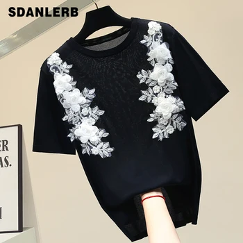 

T Shirt for Women Three-dimensional Flower Black Thin Knitted Loose Short Sleeve T-shirt Female Loose New Summer Tops T Shirt