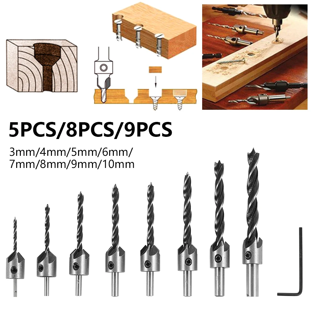 

5/8/9Pcs Drill Bit Flute Countersink Drill Bits for Metal Countersunk Head Drilling Bit Set Accessories Woodworking Drill 3-10mm