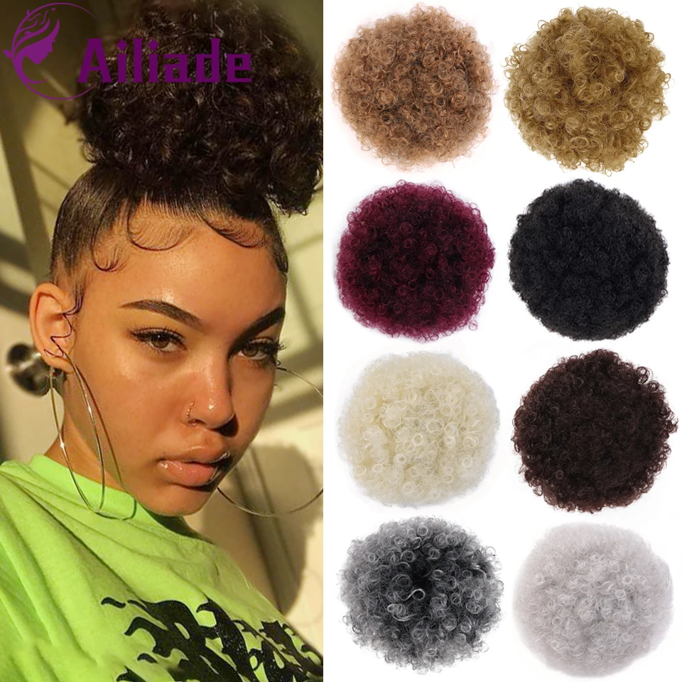 AILIADE 8" Short Puff Hair Bun Synthetic Afro Kinky Curly Drawstring Ponytail High Temperature Clip in Extension | Шиньоны и парики