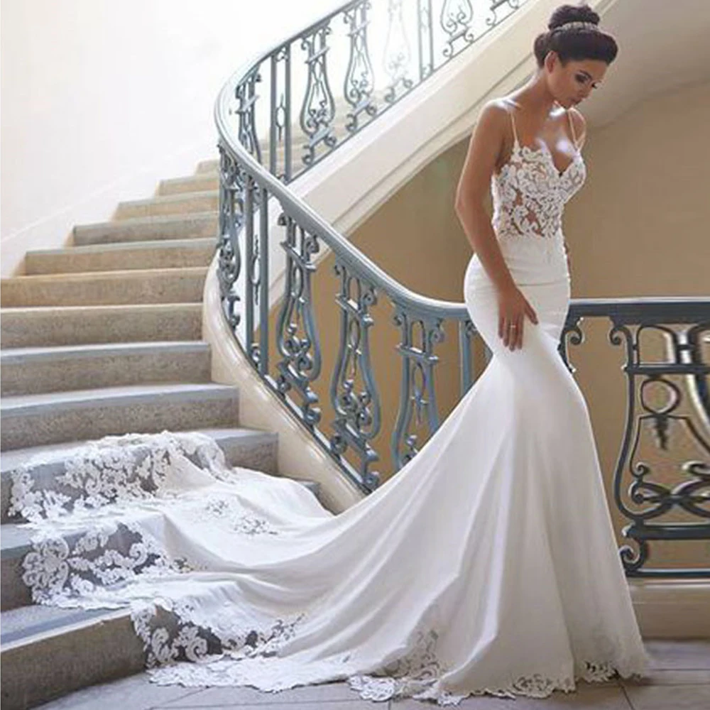 

Alagirls Mermaid Wedding Dress 2020 Spaghetti Strap Lace Simpler Wedding Gown Custom Made A-Line Bridal Dress vestido de noiva