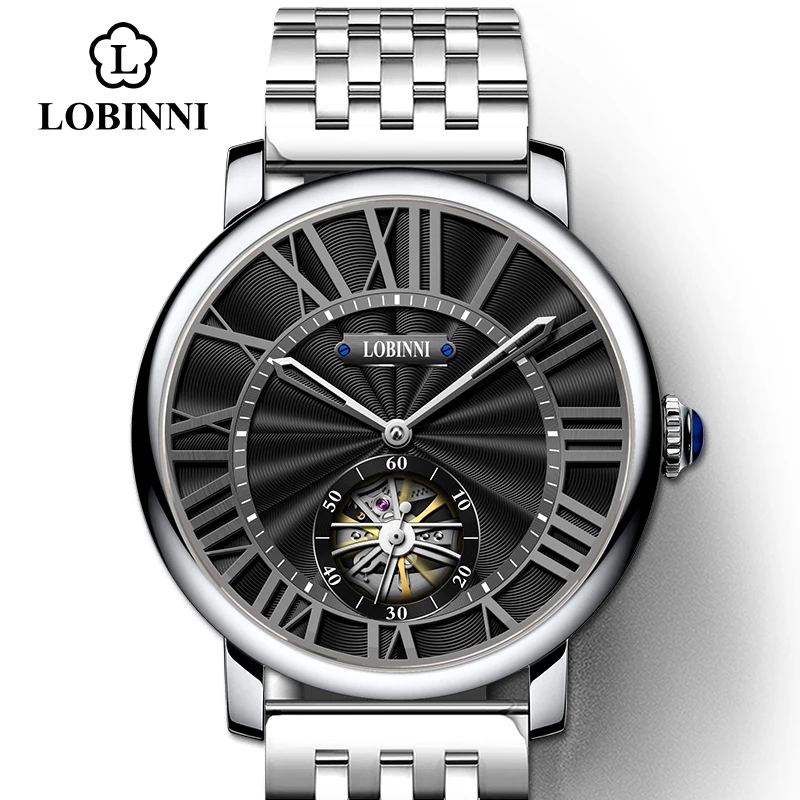 Silver-Black-Steel LOBINNI Чайка автоматический SelfWind механические мужские часы швейцарский бренд мужской подарок Скелет Дизайн Masculinity часы - Цвет: Silver-Black-Steel