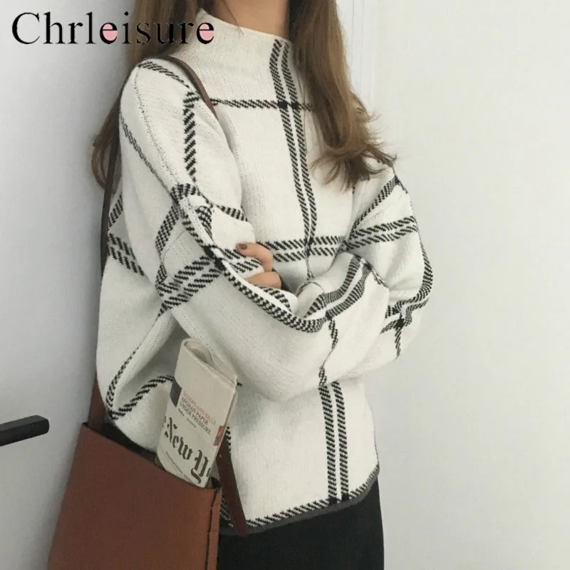 

CHRLEISURE Sweater Women High Collar Plaid Pullover Full Sleeve Sweater Rabbit Velvet Sweater Women