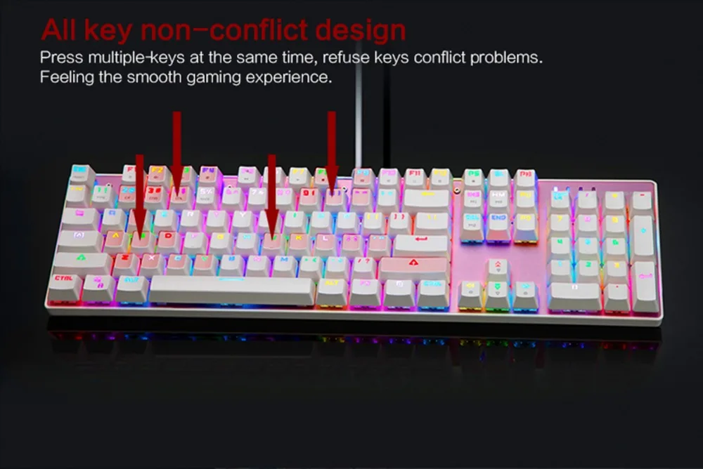 Игровая механическая клавиатура Motospeed CK104, 104 клавиш, русский, английский, красный переключатель, синий, металлический, проводной, светодиодный, с подсветкой, RGB, настольный планшет