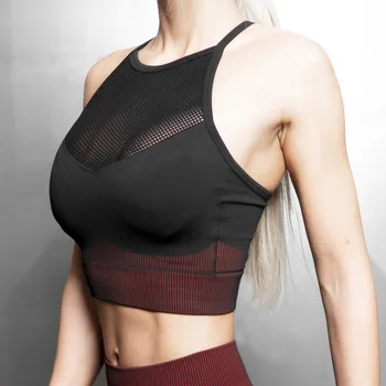 

Summer Women Gym Bra Padded Cross Back Breathable Mesh Stretchable Striped Print Spliced Bra Fitness Exercise Running Tops