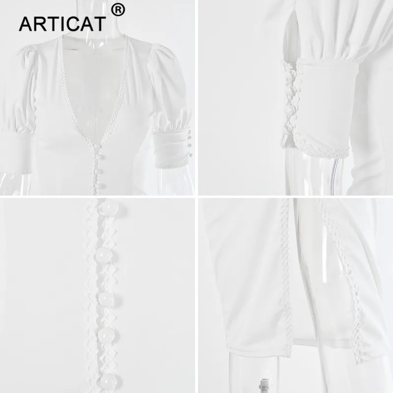 Articat глубокий v-образный вырез с пышными рукавами сексуальное облегающее платье для женщин с открытыми пуговицами разрезное длинное платье-карандаш модное дамское повседневное осеннее платье