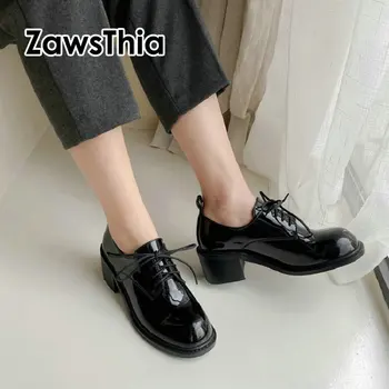 

ZawsThia 2020 patent PU leather round toe brogue shoes lace-up british style oxford woman shoes chunky high heels ladies pumps