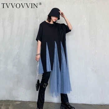 

loose Women Black Mesh Asymmetrical Stitch Big Size T-shirt New Round Neck Half Sleeve Fashion Tide Spring Autumn 2020 1R792
